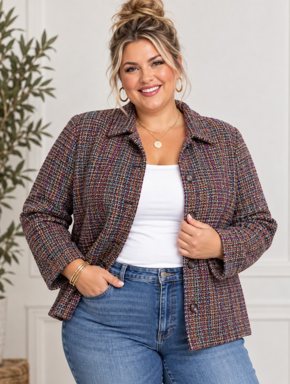 Vintage Coldwater Creek Plus Size 3x: Multicolor Tweed Button-Front Jacket